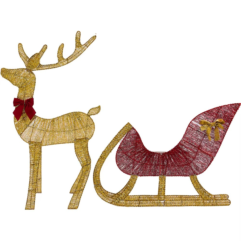 Christmas Reindeer and Sleigh Decoration With LED Light Glowing Glitter Reindeer Xmas Home Outdoor Yard Ornament Happy New Year