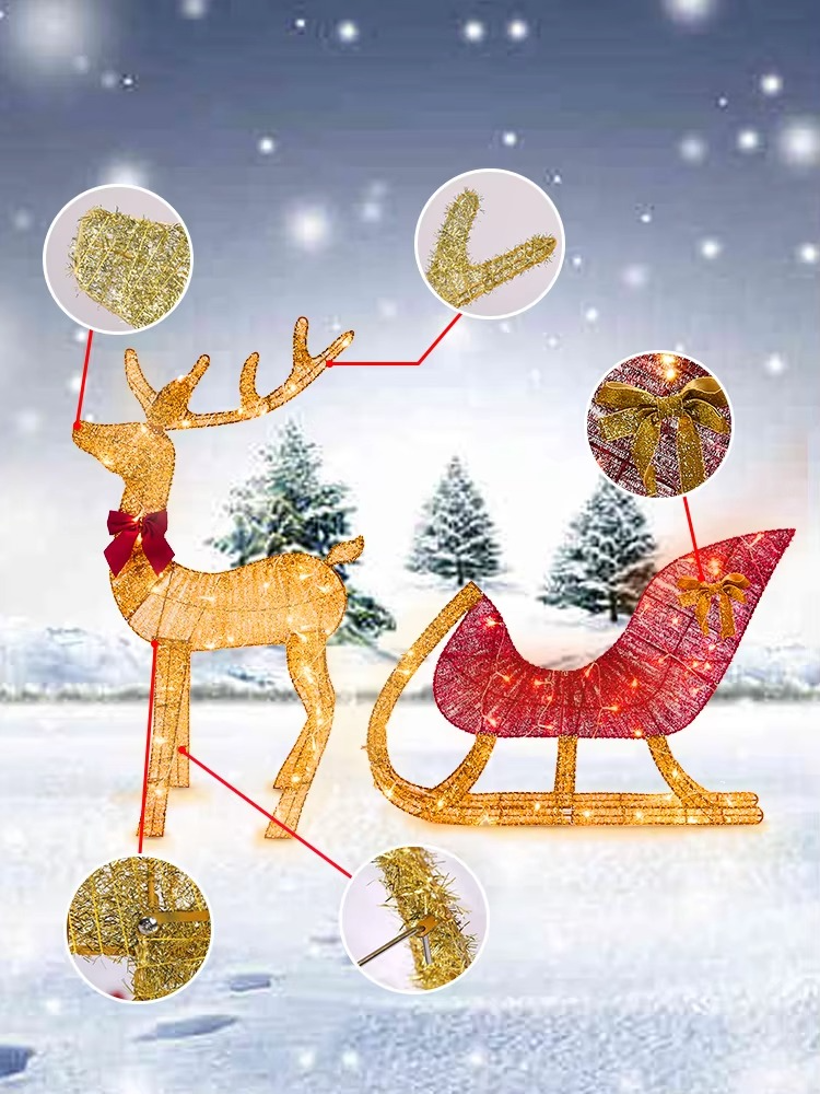 Christmas Reindeer and Sleigh Decoration With LED Light Glowing Glitter Reindeer Xmas Home Outdoor Yard Ornament Happy New Year