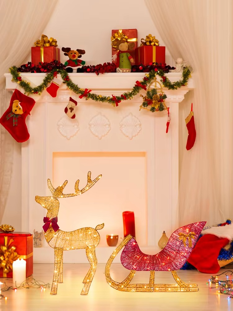 Christmas Reindeer and Sleigh Decoration With LED Light Glowing Glitter Reindeer Xmas Home Outdoor Yard Ornament Happy New Year