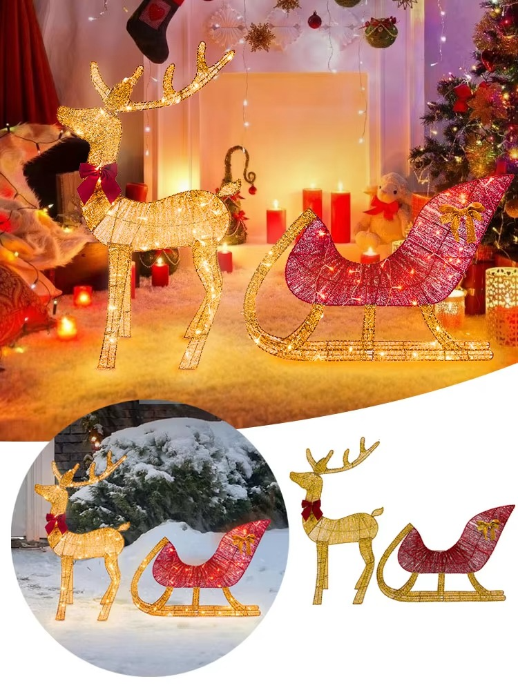 Christmas Reindeer and Sleigh Decoration With LED Light Glowing Glitter Reindeer Xmas Home Outdoor Yard Ornament Happy New Year