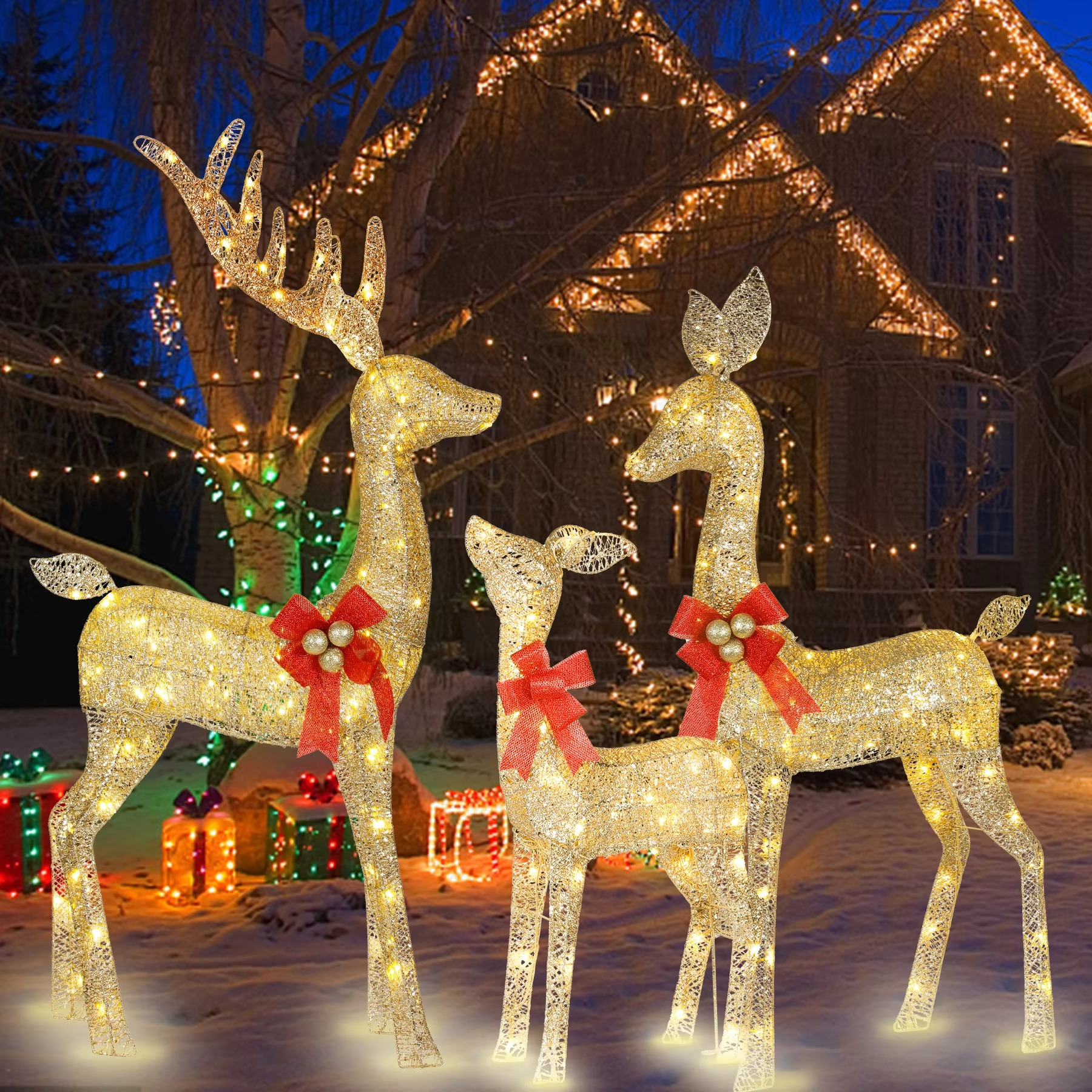 3D 3-Piece Outdoor atmosphere lighting fixtures Yard Holiday Lighted Reindeer Outside Indoor Home Lawn Garden 365 Led Lights