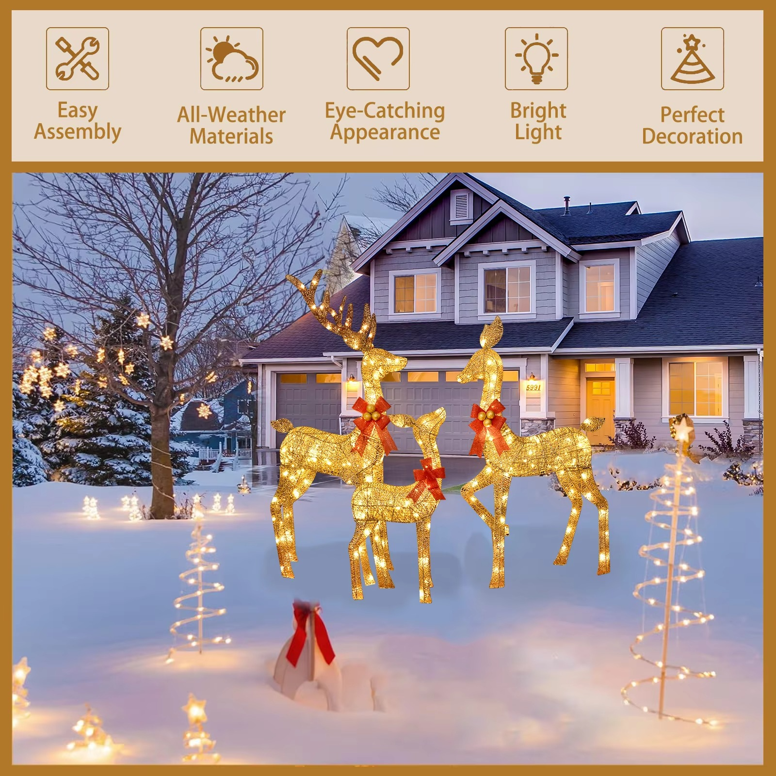 3D 3-Piece Outdoor atmosphere lighting fixtures Yard Holiday Lighted Reindeer Outside Indoor Home Lawn Garden 365 Led Lights