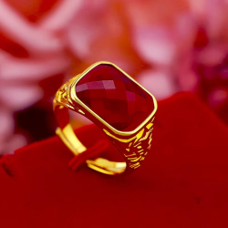 AU999 24K Gold Adjustable Men's Ring | Oval ruby with diamond halo, flame - patterned surface, adjustable & edgy