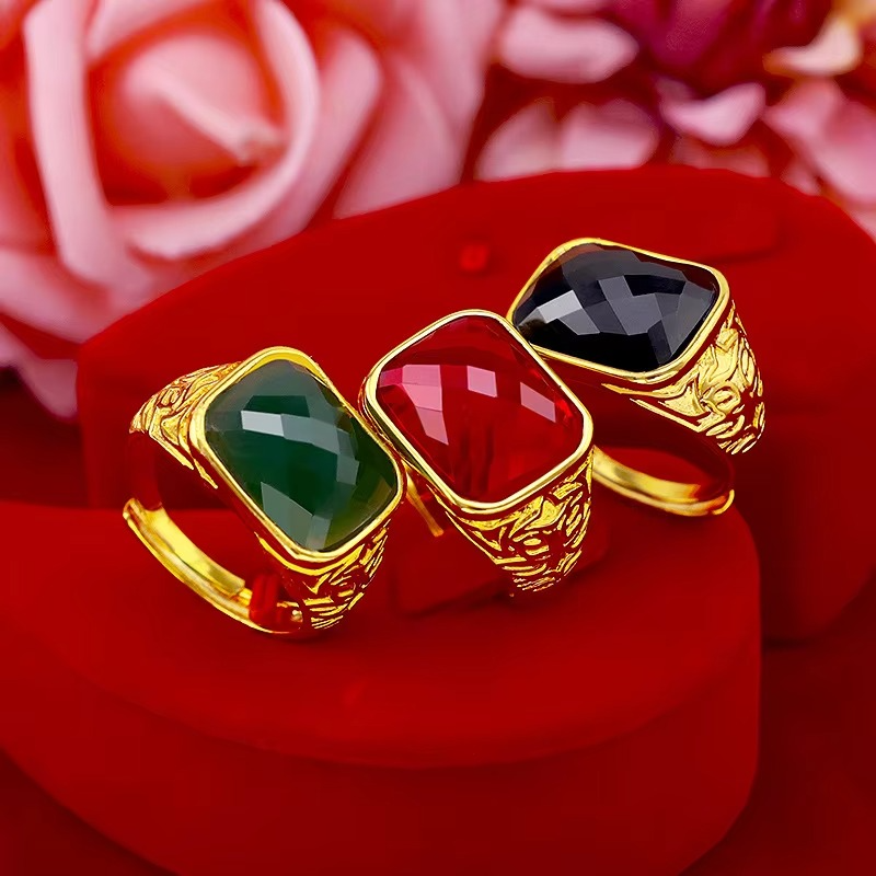 AU999 24K Gold Adjustable Men's Ring | Oval ruby with diamond halo, flame - patterned surface, adjustable & edgy