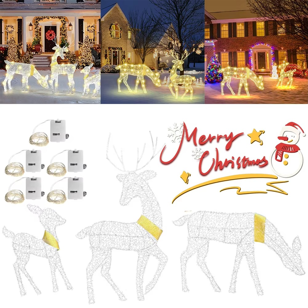 3-Piece 2D Reindeer with 5PCS String Lamp Lights 2D Christmas Deer Outdoor Lighted Holiday Deer Family Christmas Yard Decoration