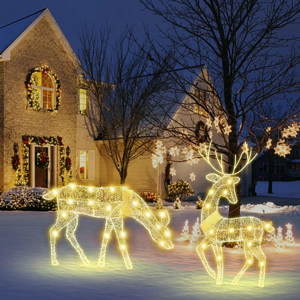 3-Piece 2D Reindeer with 5PCS String Lamp Lights 2D Christmas Deer Outdoor Lighted Holiday Deer Family Christmas Yard Decoration