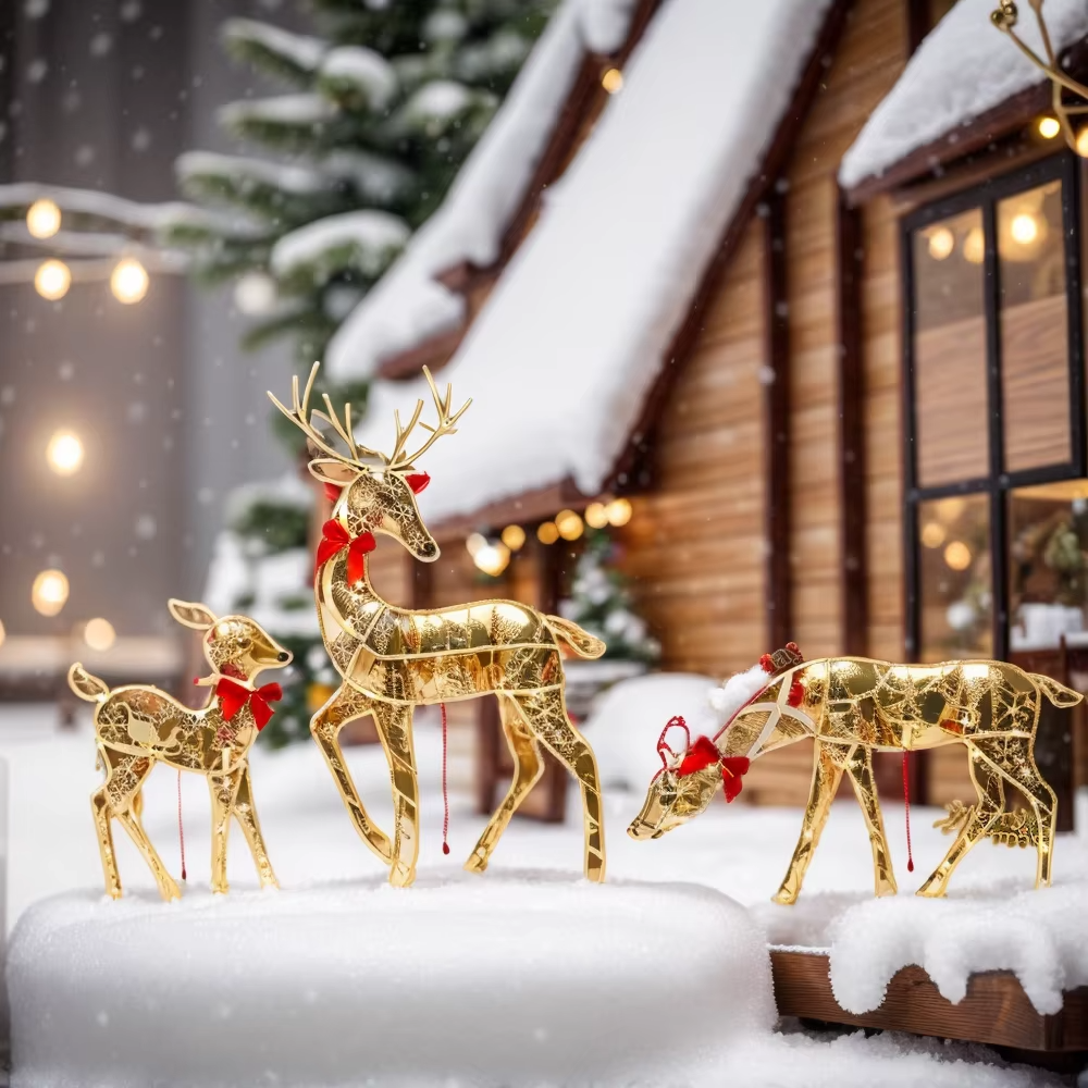 3PCS Handmake Iron Art Elk Deer Christmas Garden Decor &LED Light Glowing Glitter Reindeer Xmas Home Outdoor Yard Ornament Decor
