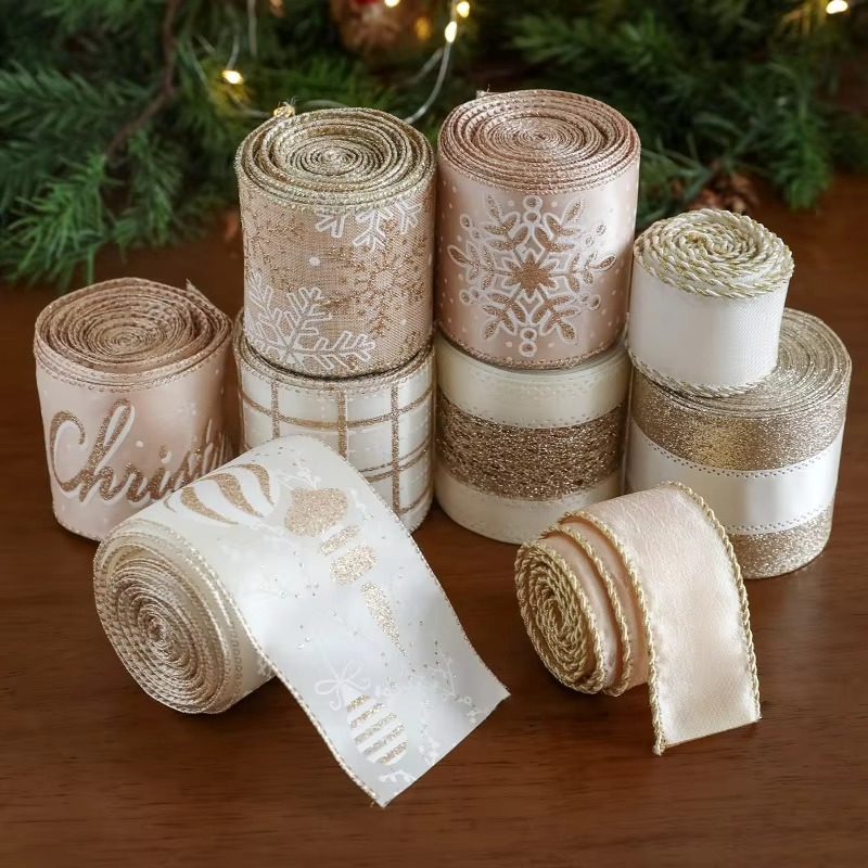 6 Rolls Christmas Ribbon Wired 6.3x200cm Glitter Snowflake Jewel Ornament Ribbon Set for Xmas Tree, Gift Wrapping,Home Decor