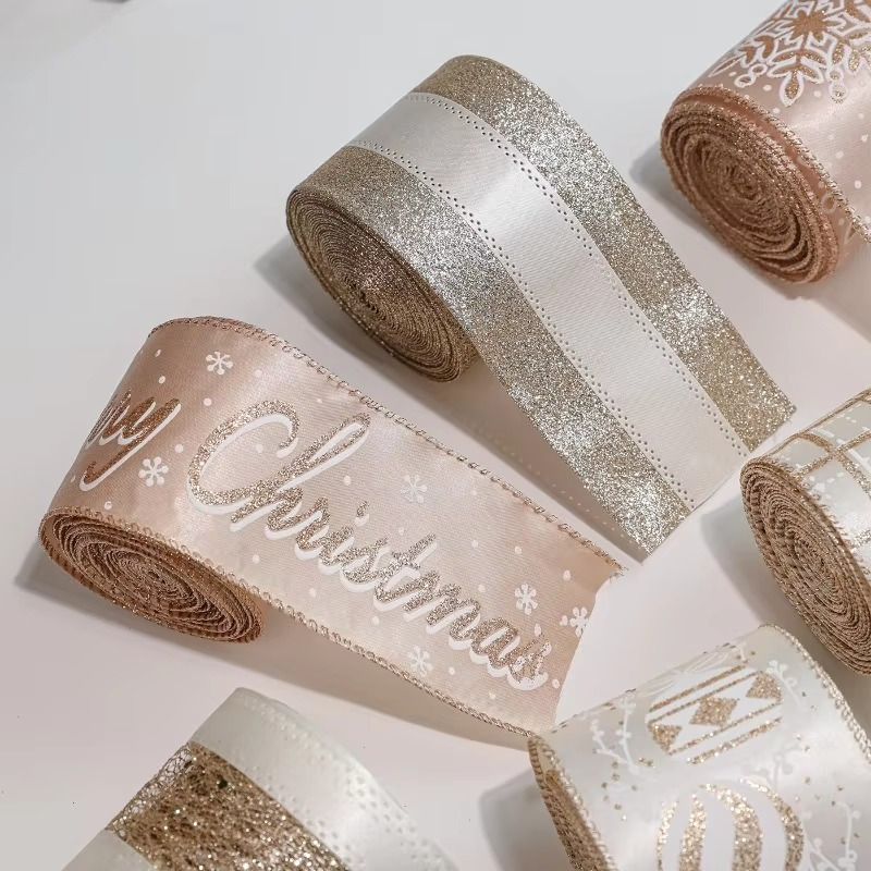6 Rolls Christmas Ribbon Wired 6.3x200cm Glitter Snowflake Jewel Ornament Ribbon Set for Xmas Tree, Gift Wrapping,Home Decor