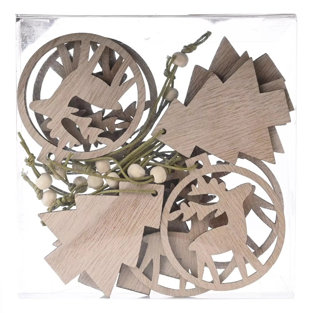 12pcs Christmas Tree Ornament Wood Xmas Winter Party Ornament Hanging Reindeer Rustic Craft Decor for Holiday Tree Decoration