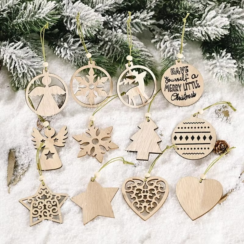 12pcs Christmas Tree Ornament Wood Xmas Winter Party Ornament Hanging Reindeer Rustic Craft Decor for Holiday Tree Decoration
