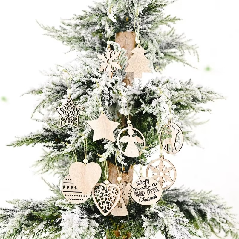 12pcs Christmas Tree Ornament Wood Xmas Winter Party Ornament Hanging Reindeer Rustic Craft Decor for Holiday Tree Decoration