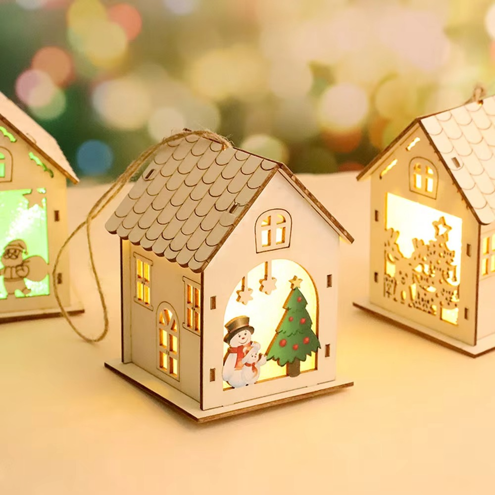 4PCS Creative Wooden Luminous Hut Christmas Decorations Christmas Tree Decorations Hanging Decorations DIY Showcases
