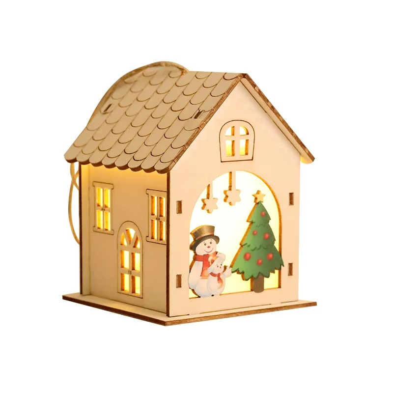 4PCS Creative Wooden Luminous Hut Christmas Decorations Christmas Tree Decorations Hanging Decorations DIY Showcases