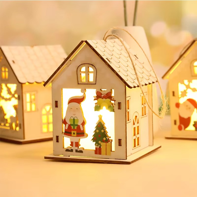 4PCS Creative Wooden Luminous Hut Christmas Decorations Christmas Tree Decorations Hanging Decorations DIY Showcases