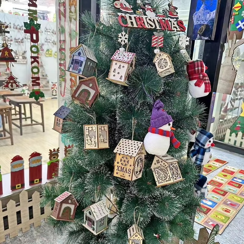 4PCS Creative Wooden Luminous Hut Christmas Decorations Christmas Tree Decorations Hanging Decorations DIY Showcases