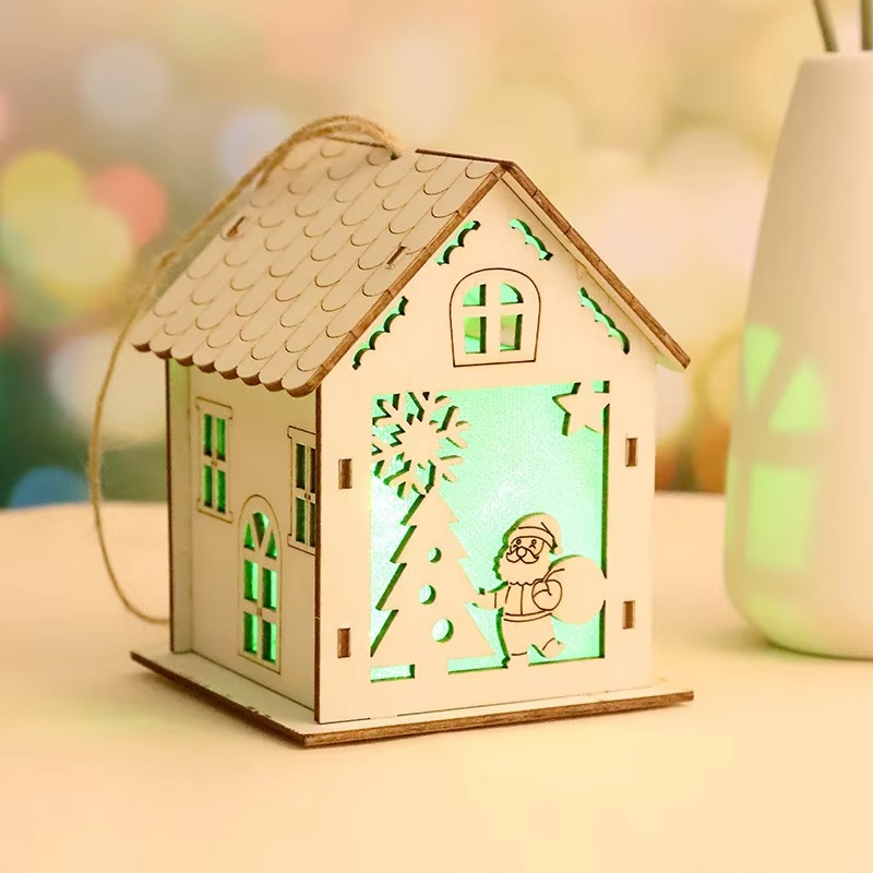 4PCS Creative Wooden Luminous Hut Christmas Decorations Christmas Tree Decorations Hanging Decorations DIY Showcases