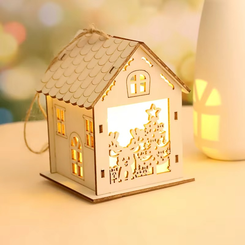 4PCS Creative Wooden Luminous Hut Christmas Decorations Christmas Tree Decorations Hanging Decorations DIY Showcases