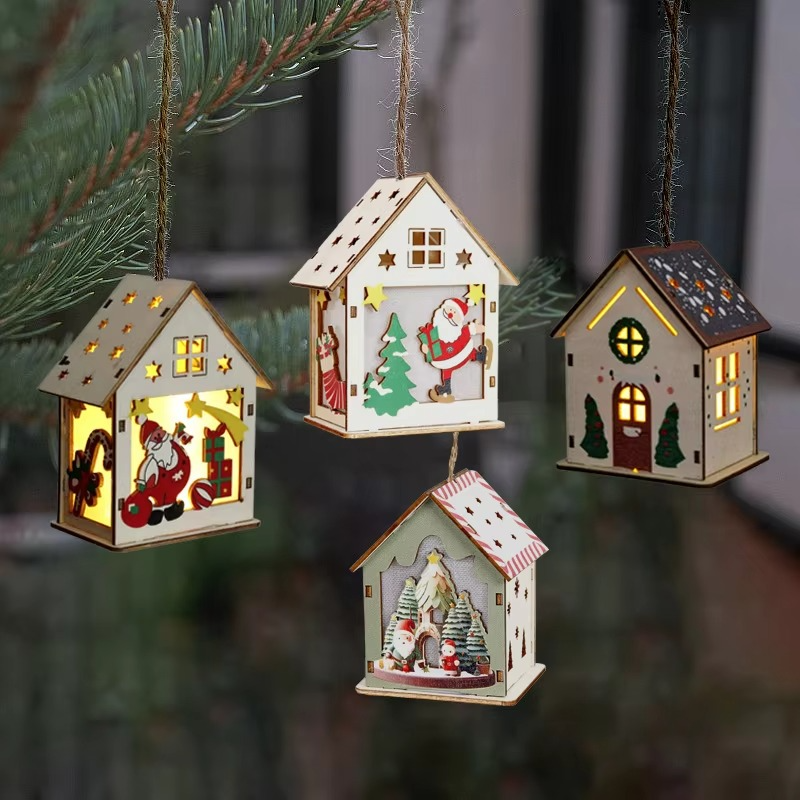 4PCS Creative Wooden Luminous Hut Christmas Decorations Christmas Tree Decorations Hanging Decorations DIY Showcases
