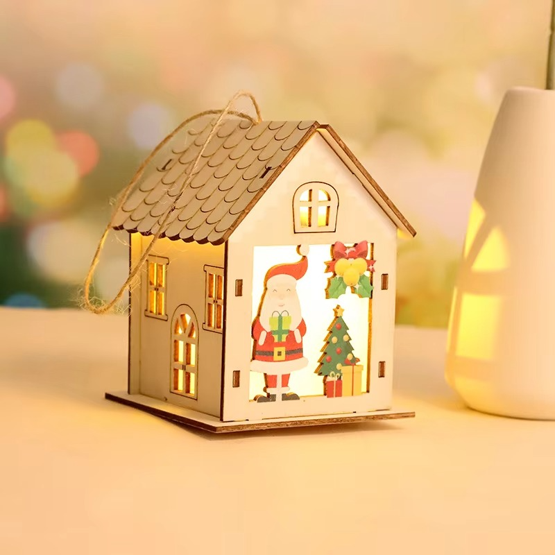4PCS Creative Wooden Luminous Hut Christmas Decorations Christmas Tree Decorations Hanging Decorations DIY Showcases
