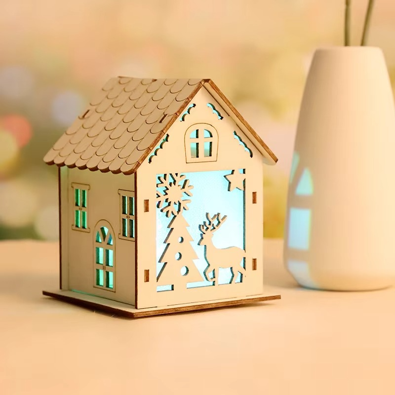 4PCS Creative Wooden Luminous Hut Christmas Decorations Christmas Tree Decorations Hanging Decorations DIY Showcases