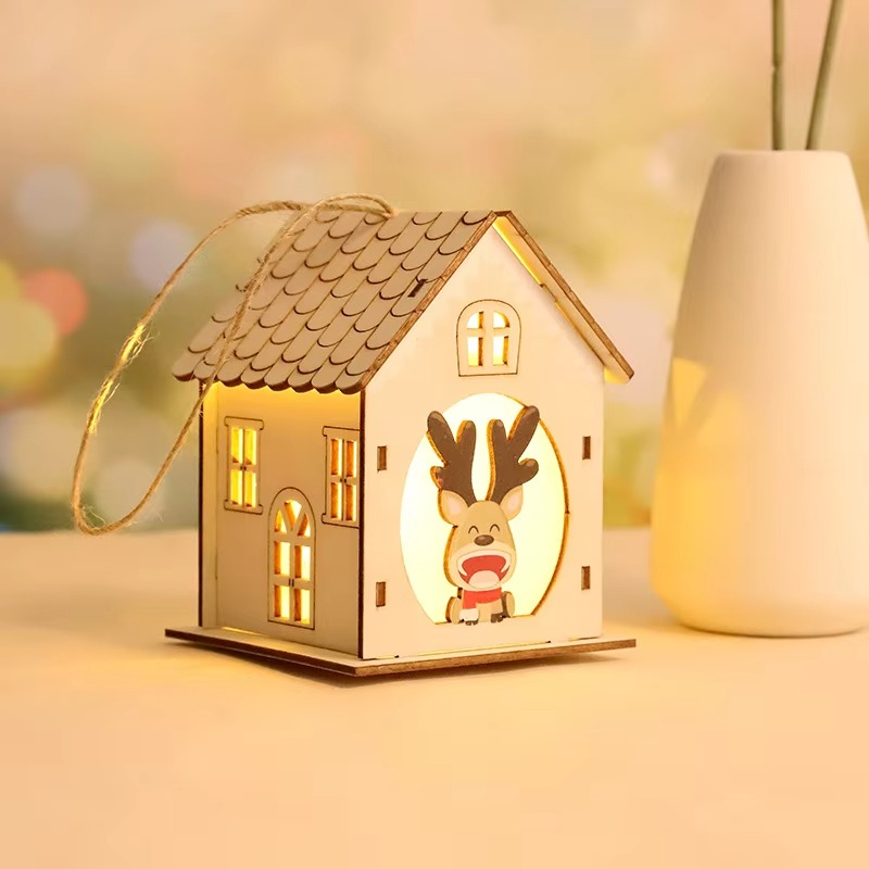 4PCS Creative Wooden Luminous Hut Christmas Decorations Christmas Tree Decorations Hanging Decorations DIY Showcases