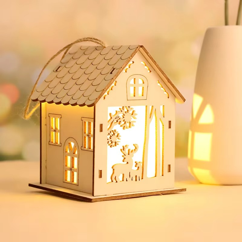 4PCS Creative Wooden Luminous Hut Christmas Decorations Christmas Tree Decorations Hanging Decorations DIY Showcases