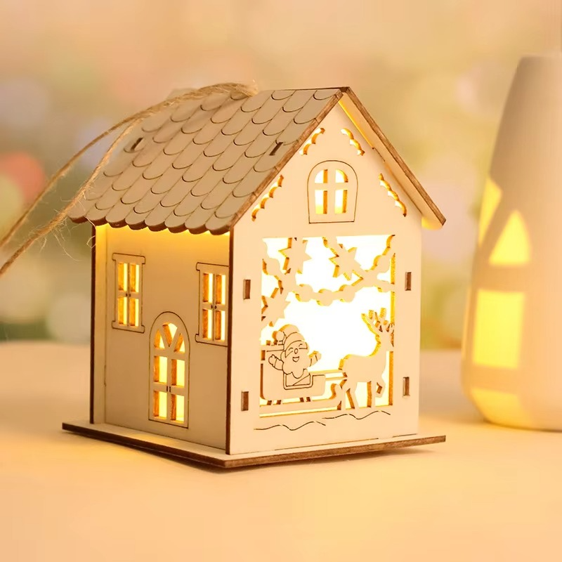 4PCS Creative Wooden Luminous Hut Christmas Decorations Christmas Tree Decorations Hanging Decorations DIY Showcases