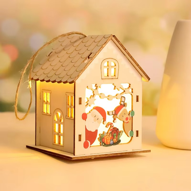 4PCS Creative Wooden Luminous Hut Christmas Decorations Christmas Tree Decorations Hanging Decorations DIY Showcases