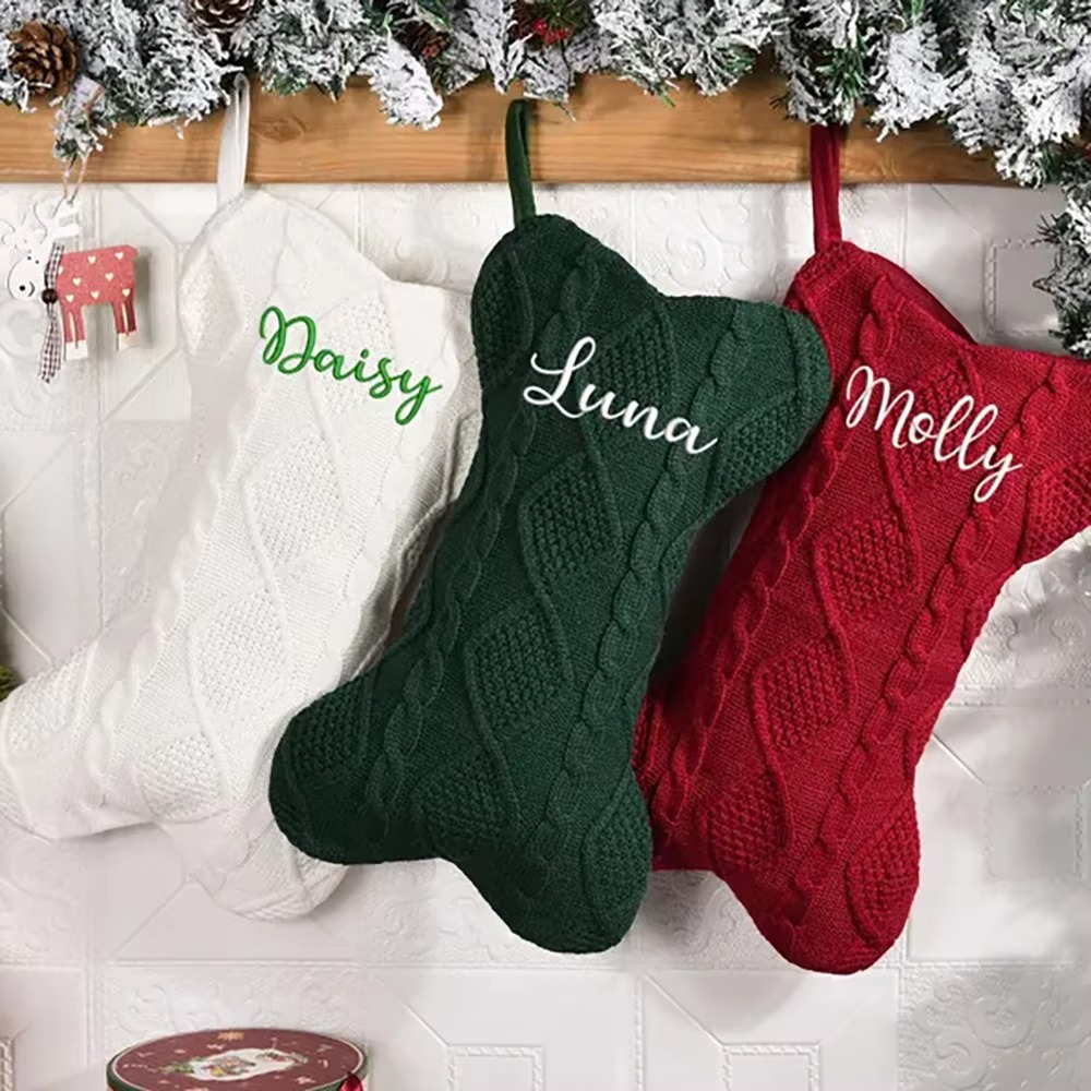 Custom Bone Christmas Stocking Dog Bone Knitted Christmas Stocking with Name Bone Holiday Stocking for Dog Santa Sack Kid Gift