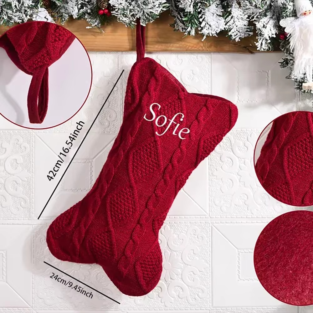 Custom Bone Christmas Stocking Dog Bone Knitted Christmas Stocking with Name Bone Holiday Stocking for Dog Santa Sack Kid Gift