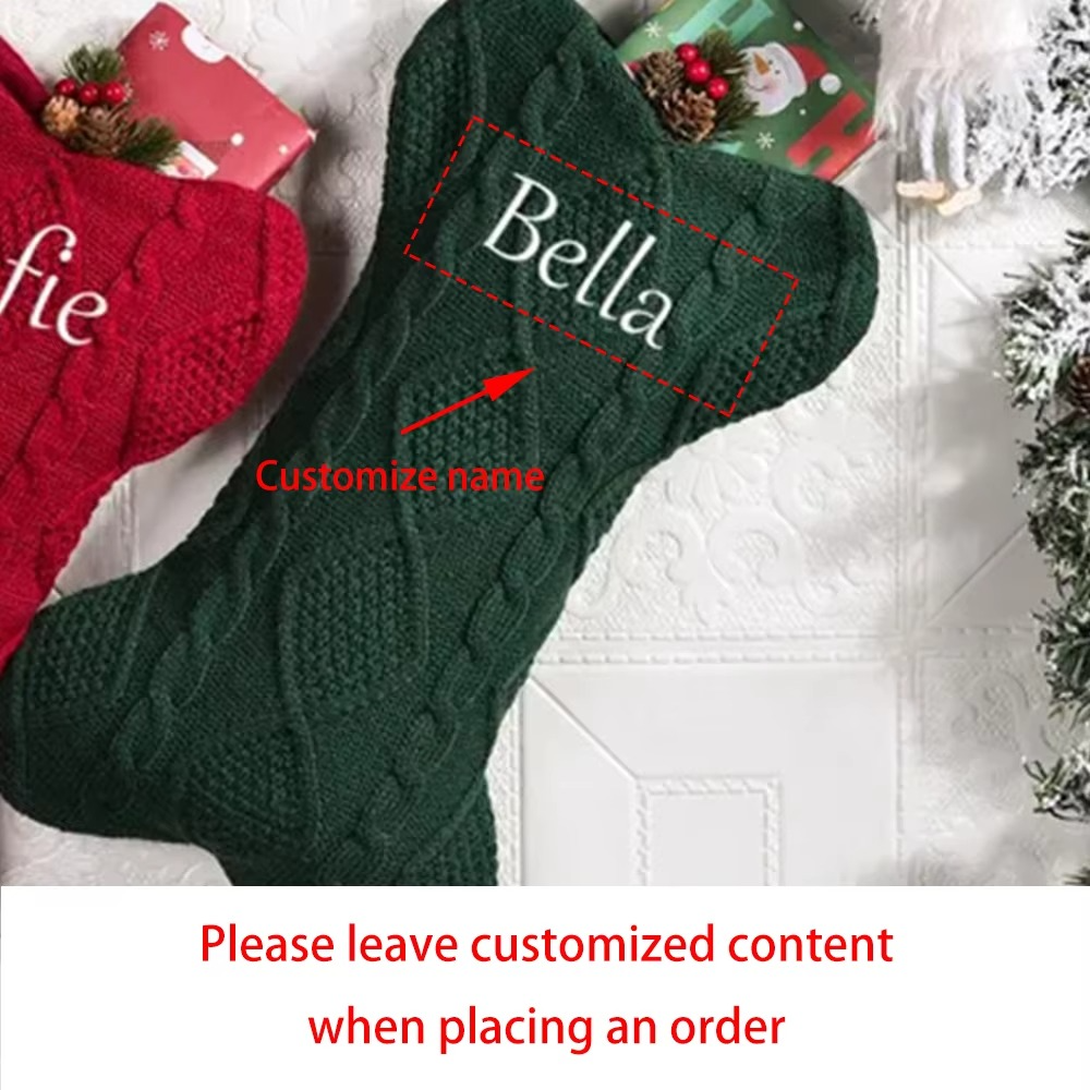 Custom Bone Christmas Stocking Dog Bone Knitted Christmas Stocking with Name Bone Holiday Stocking for Dog Santa Sack Kid Gift