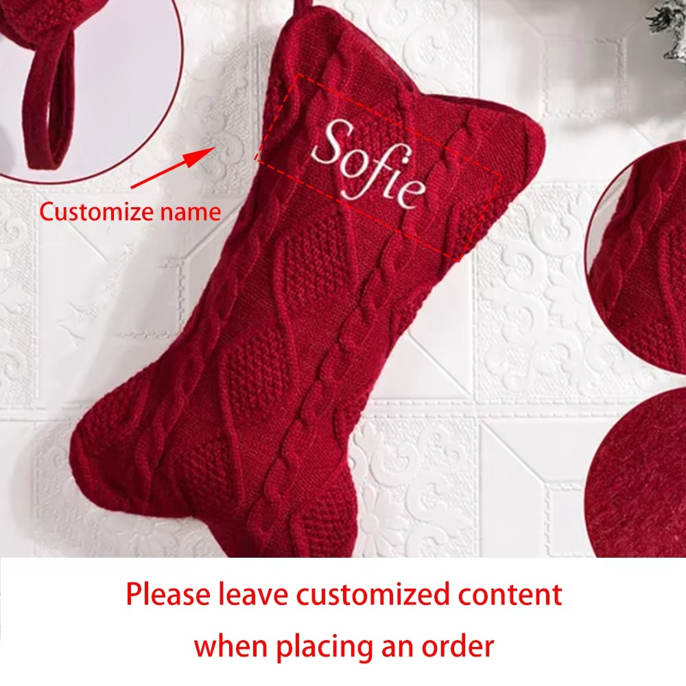 Custom Bone Christmas Stocking Dog Bone Knitted Christmas Stocking with Name Bone Holiday Stocking for Dog Santa Sack Kid Gift