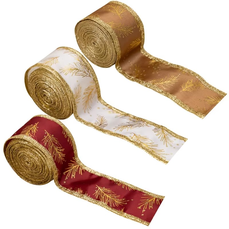 3 Rolls Christmas Wired Ribbon Winter Snowflake Ribbon Xmas Decor Wrapping Ribbon for Gift Wrapping Bow Wreath Crafts Home Decor