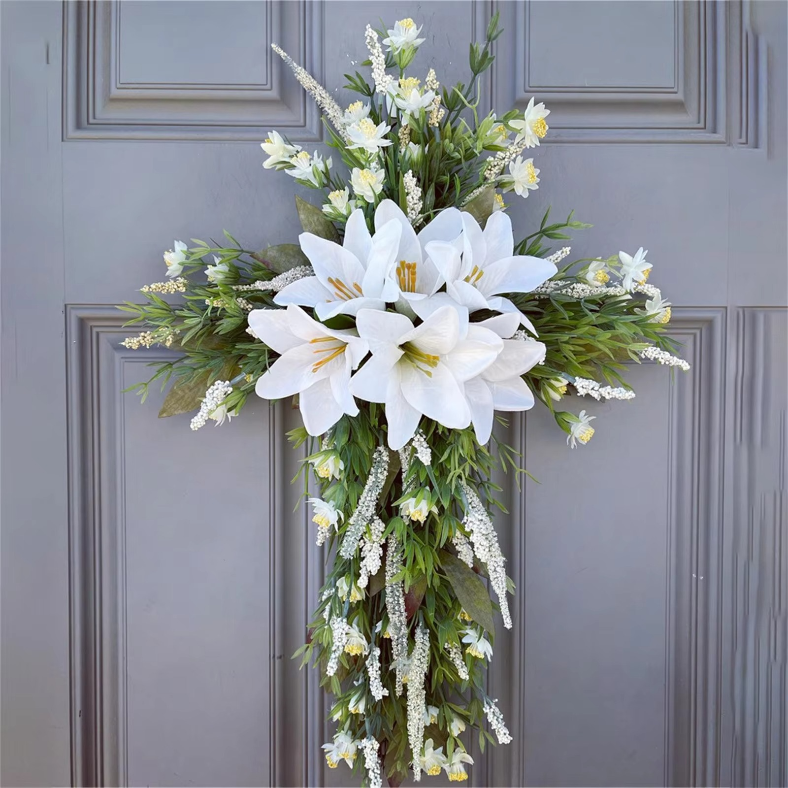 Spring Decoration Easter Liliaceous Cross Wreath Garland Welcome Artificial Flower for Indoor Outdoor Multipurpose Sturdy