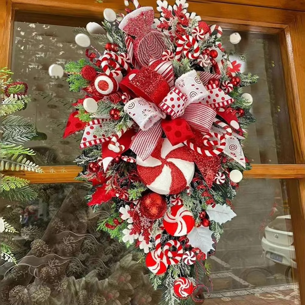 Christmas Wreath Candy Upside Down Tree Garland Artificial Xmas Ornament Christmas Swag Home Window Door Wall Hanging Decoration