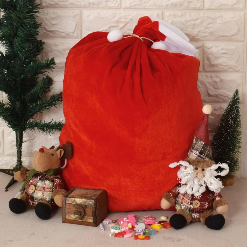 1Pcs Christmas Sacks Red Velvet Santa Claus Bags With Drawstring Large Xmas Present Storage Holiday Party Supply
