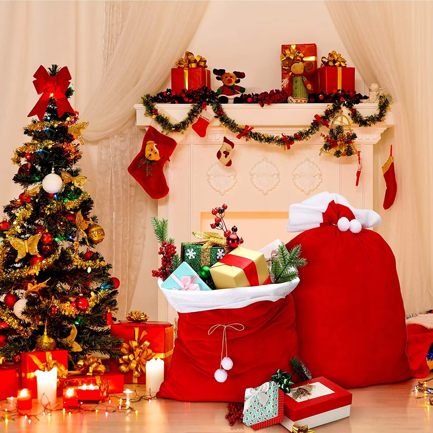 1Pcs Christmas Sacks Red Velvet Santa Claus Bags With Drawstring Large Xmas Present Storage Holiday Party Supply