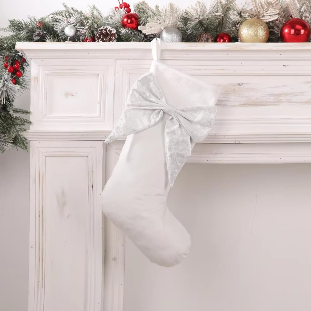 2pcs Christmas Stocking With Glitter Bow For Family Hanging Ornament Home Party Decorations For Fireplace Xmas Season