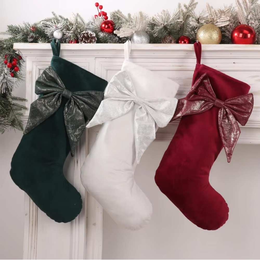 2pcs Christmas Stocking With Glitter Bow For Family Hanging Ornament Home Party Decorations For Fireplace Xmas Season