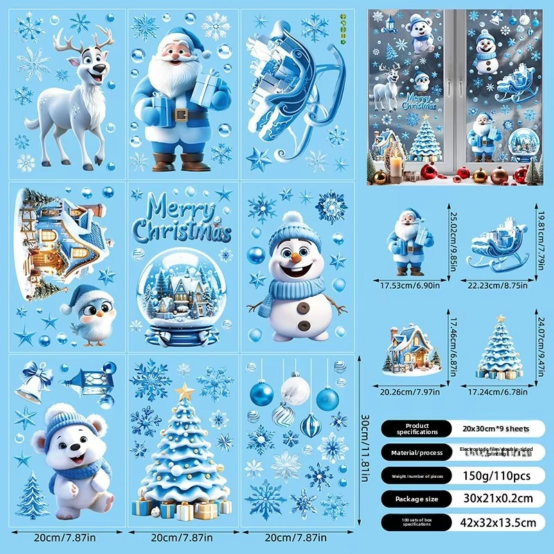 9PCS Christmas Window Stickers 3D Santa Claus Bear Room Wall Glass Window Decals Christmas Decorations for Home 2025 Kids Gifts