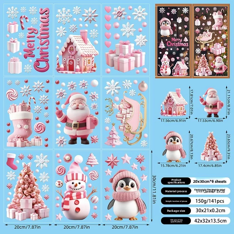 9PCS Christmas Window Stickers 3D Santa Claus Bear Room Wall Glass Window Decals Christmas Decorations for Home 2025 Kids Gifts