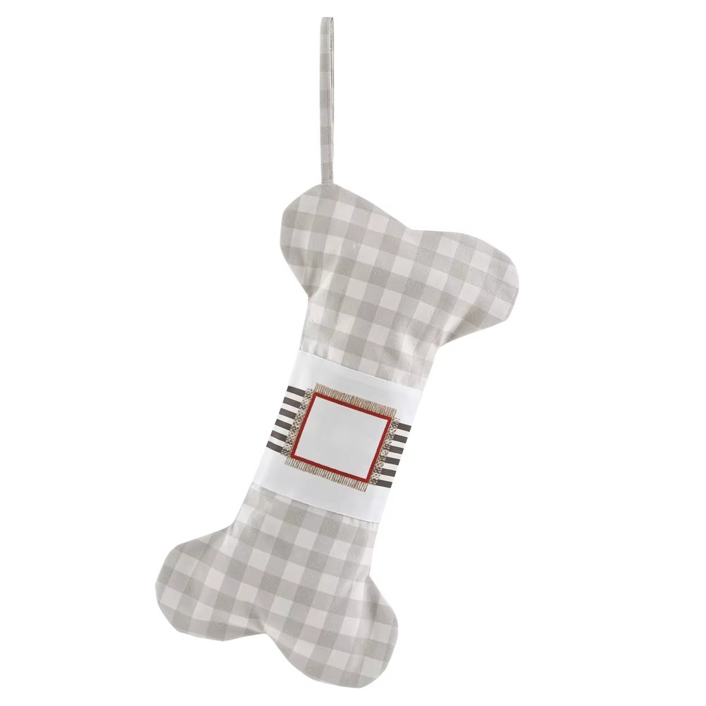 Plaid Pet Christmas Stocking For Dogs Bone Shape Striped Reusable Canvas Personalized Hanging Decoration