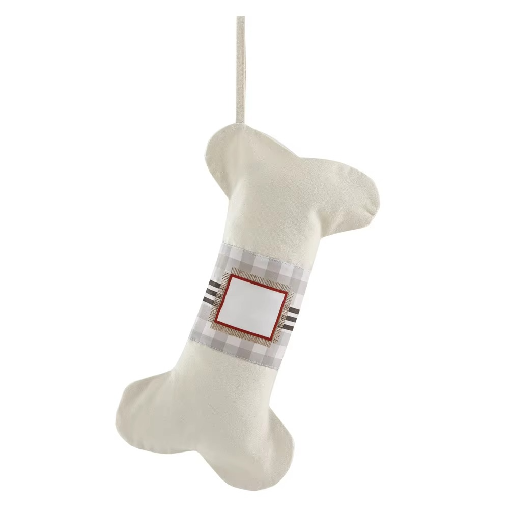 Plaid Pet Christmas Stocking For Dogs Bone Shape Striped Reusable Canvas Personalized Hanging Decoration