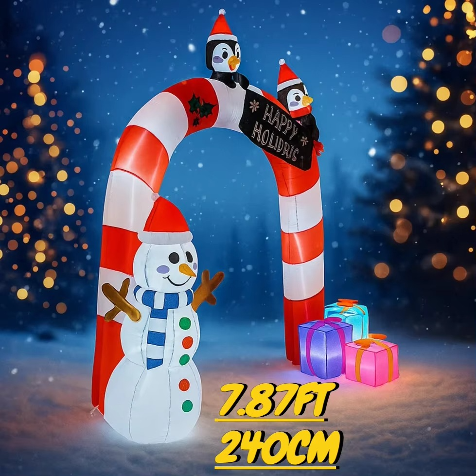 7.87FT Inflatable Toy LED Christmas Arch Snowman Penguin Gift Christmas Supplie For Yard Home Decoration Ornament Festive Gift