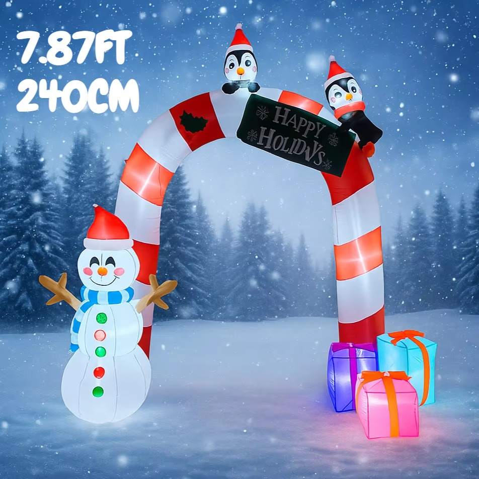 7.87FT Inflatable Toy LED Christmas Arch Snowman Penguin Gift Christmas Supplie For Yard Home Decoration Ornament Festive Gift
