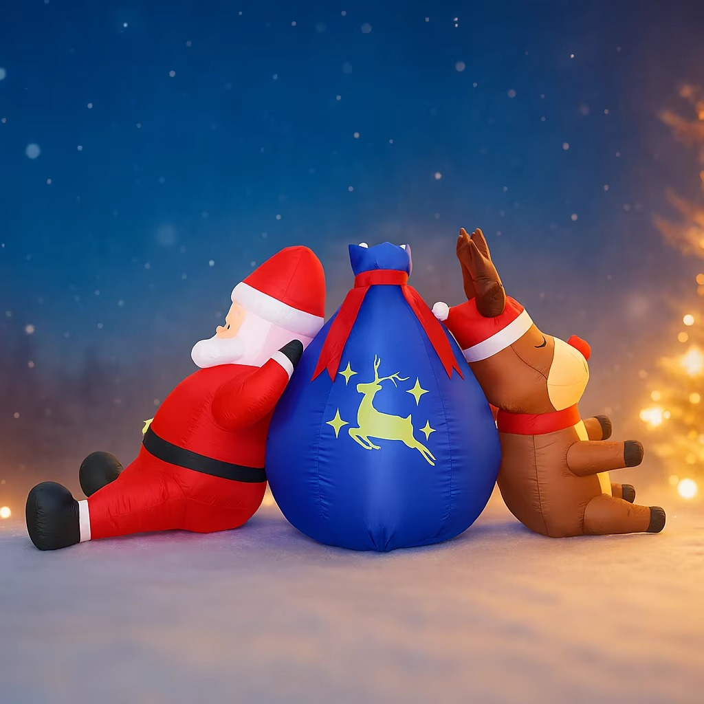 7.87FT Inflatable Toy Santa Claus Reindeer Gift Bag with LED Lights Festive Gift Xmas Decoration for Yard Supplies Home Ornament