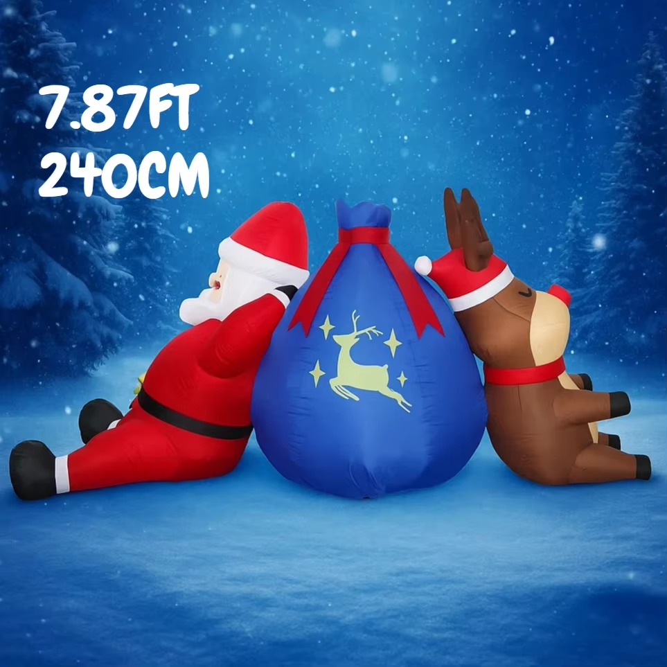 7.87FT Inflatable Toy Santa Claus Reindeer Gift Bag with LED Lights Festive Gift Xmas Decoration for Yard Supplies Home Ornament