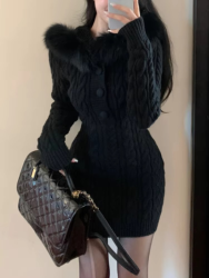Christmas Red Elegant New Sweater Women Slim Fur Patchwork Hooded Knitted Dress Female Korean Fashion Casual Warm Clothes 2024