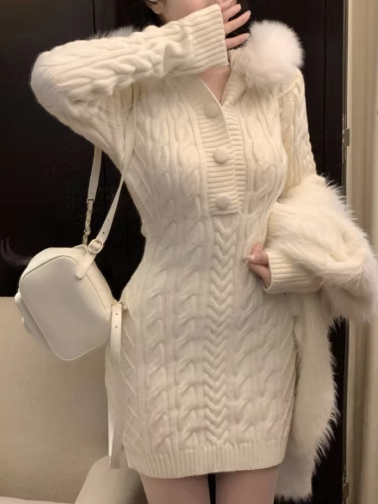 Christmas Red Elegant New Sweater Women Slim Fur Patchwork Hooded Knitted Dress Female Korean Fashion Casual Warm Clothes 2024